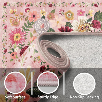 Pink Garden Floral Area Rug 3x5 for Bedroom Entryway