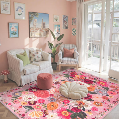 Pink Garden Floral Area Rug 3x5 for Bedroom Entryway