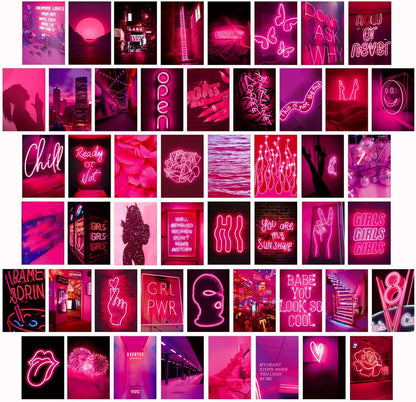 50 PCS Wall Collage Kit Aesthetic Pictures, Pink Neon Room Decor Posters for Room Aesthetic, Dorm Photo Wall Decor for Teen Girls, VSCO Girl Bedroom Decor (4x6 Inch)