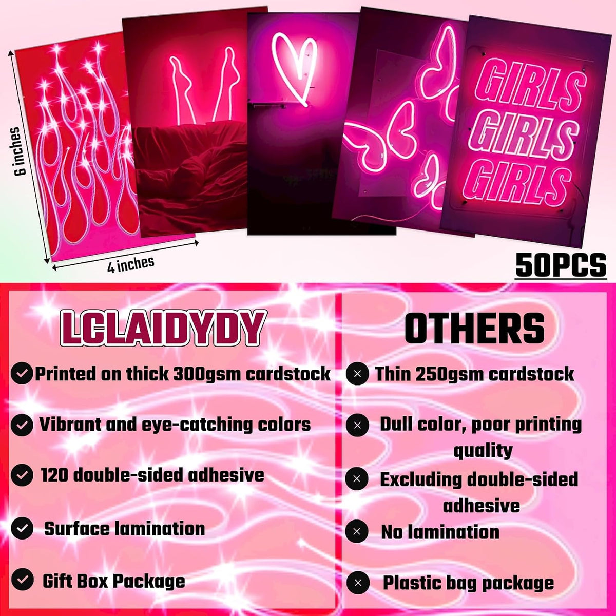 50 PCS Wall Collage Kit Aesthetic Pictures, Pink Neon Room Decor Posters for Room Aesthetic, Dorm Photo Wall Decor for Teen Girls, VSCO Girl Bedroom Decor (4x6 Inch)