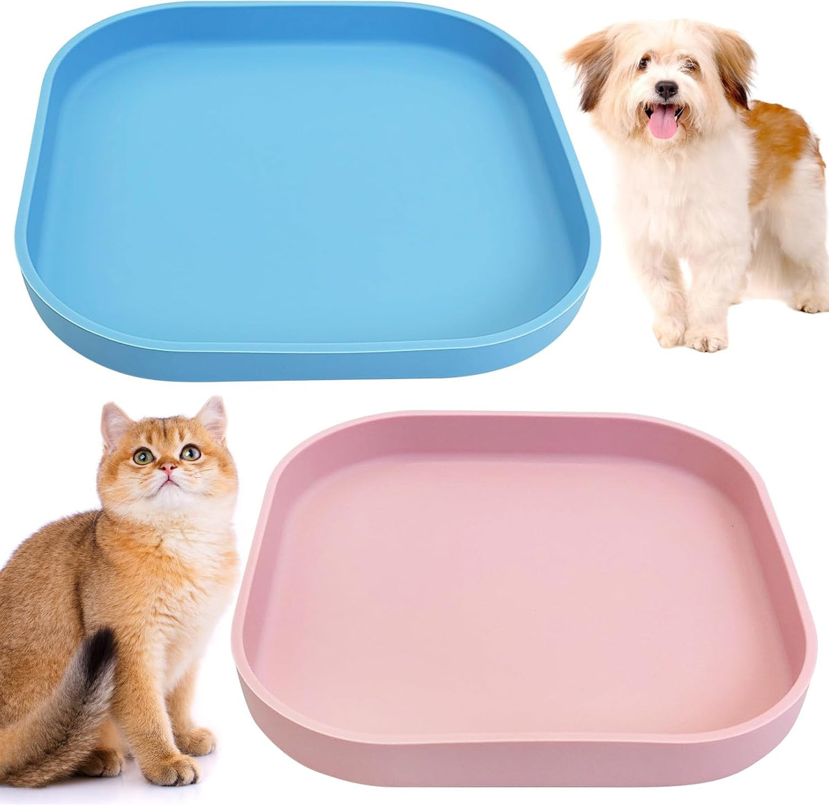 2PCS Silicone Cat Bowls Set 7.1 x 7.1 in Shallow Dog Dish Whisker Friendly Cat Food Plate for Dry & Wet Food Dishwasher Safe Non-Slip Pet Feeding Bowls for Kittens and Puppies (Pink+Blue)