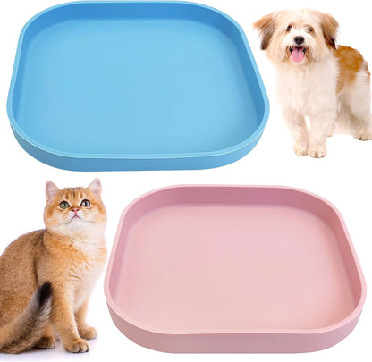 2PCS Silicone Cat Bowls Set 7.1 x 7.1 in Shallow Dog Dish Whisker Friendly Cat Food Plate for Dry & Wet Food Dishwasher Safe Non-Slip Pet Feeding Bowls for Kittens and Puppies (Pink+Blue)
