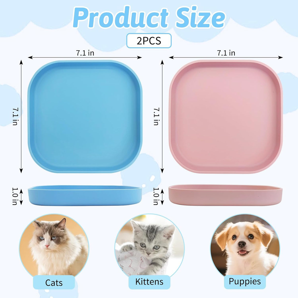 2PCS Silicone Cat Bowls Set 7.1 x 7.1 in Shallow Dog Dish Whisker Friendly Cat Food Plate for Dry & Wet Food Dishwasher Safe Non-Slip Pet Feeding Bowls for Kittens and Puppies (Pink+Blue)