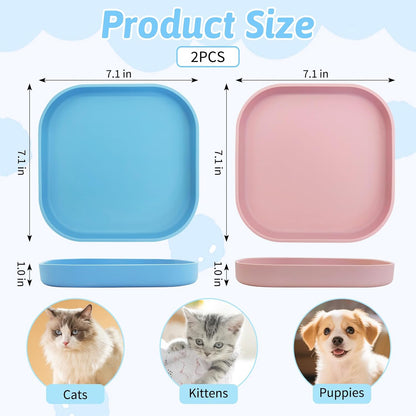 2PCS Silicone Cat Bowls Set 7.1 x 7.1 in Shallow Dog Dish Whisker Friendly Cat Food Plate for Dry & Wet Food Dishwasher Safe Non-Slip Pet Feeding Bowls for Kittens and Puppies (Pink+Blue)