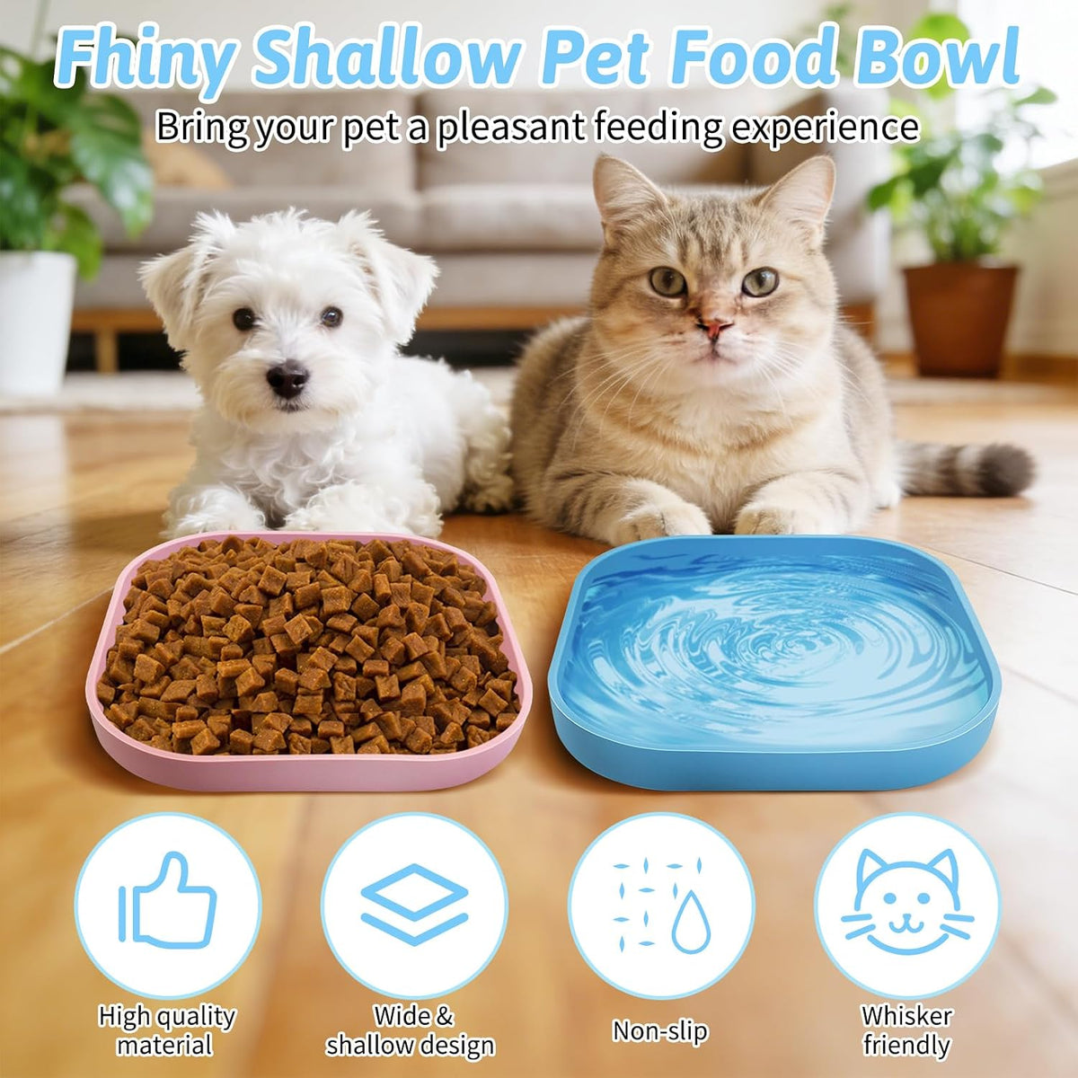 2PCS Silicone Cat Bowls Set 7.1 x 7.1 in Shallow Dog Dish Whisker Friendly Cat Food Plate for Dry & Wet Food Dishwasher Safe Non-Slip Pet Feeding Bowls for Kittens and Puppies (Pink+Blue)