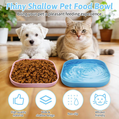 2PCS Silicone Cat Bowls Set 7.1 x 7.1 in Shallow Dog Dish Whisker Friendly Cat Food Plate for Dry & Wet Food Dishwasher Safe Non-Slip Pet Feeding Bowls for Kittens and Puppies (Pink+Blue)