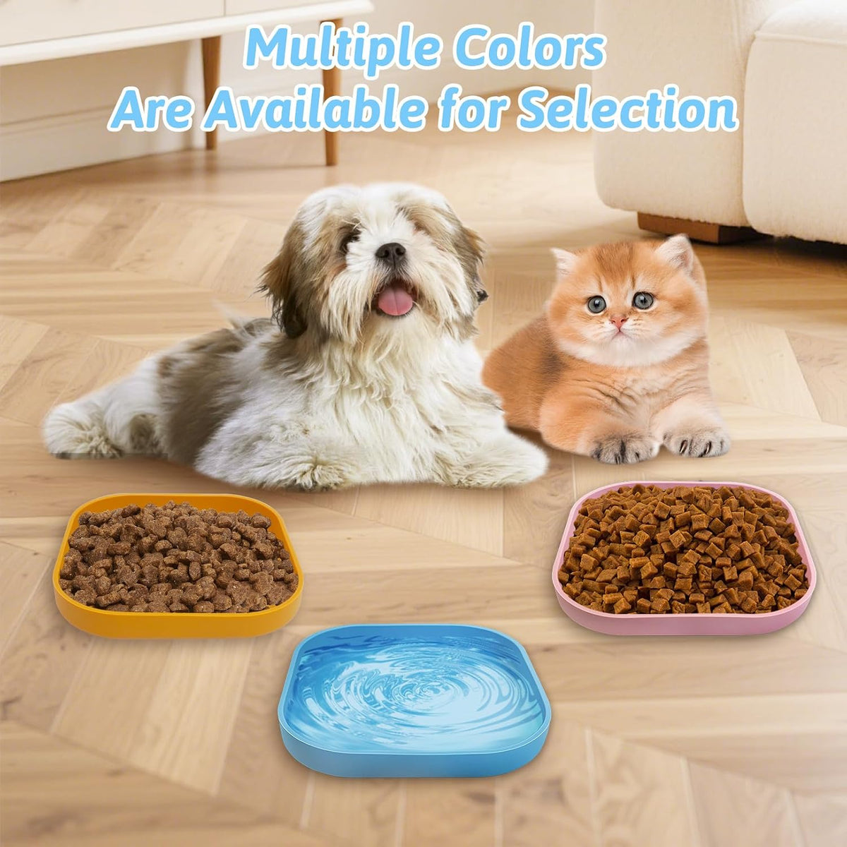 2PCS Silicone Cat Bowls Set 7.1 x 7.1 in Shallow Dog Dish Whisker Friendly Cat Food Plate for Dry & Wet Food Dishwasher Safe Non-Slip Pet Feeding Bowls for Kittens and Puppies (Pink+Blue)