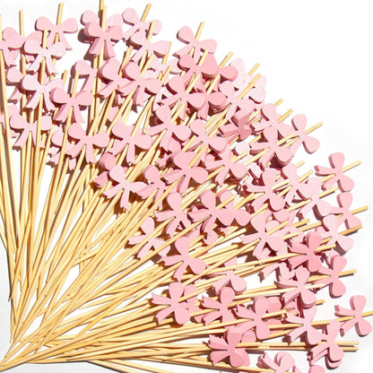 Pink Bow Cocktail Picks, 100pcs 4.7'' Fancy Toothpicks Food Sticks for Sandwich, Appetizers & Charcuterie, Fruit Skewers for Birthday, Bridal Shower, Wedding, Bachelorette, Garden Party Favors