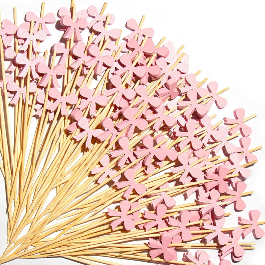 Pink Bow Cocktail Picks, 100pcs 4.7'' Fancy Toothpicks Food Sticks for Sandwich, Appetizers & Charcuterie, Fruit Skewers for Birthday, Bridal Shower, Wedding, Bachelorette, Garden Party Favors