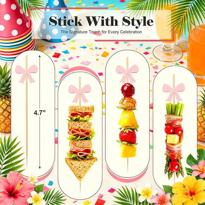 Pink Bow Cocktail Picks, 100pcs 4.7'' Fancy Toothpicks Food Sticks for Sandwich, Appetizers & Charcuterie, Fruit Skewers for Birthday, Bridal Shower, Wedding, Bachelorette, Garden Party Favors