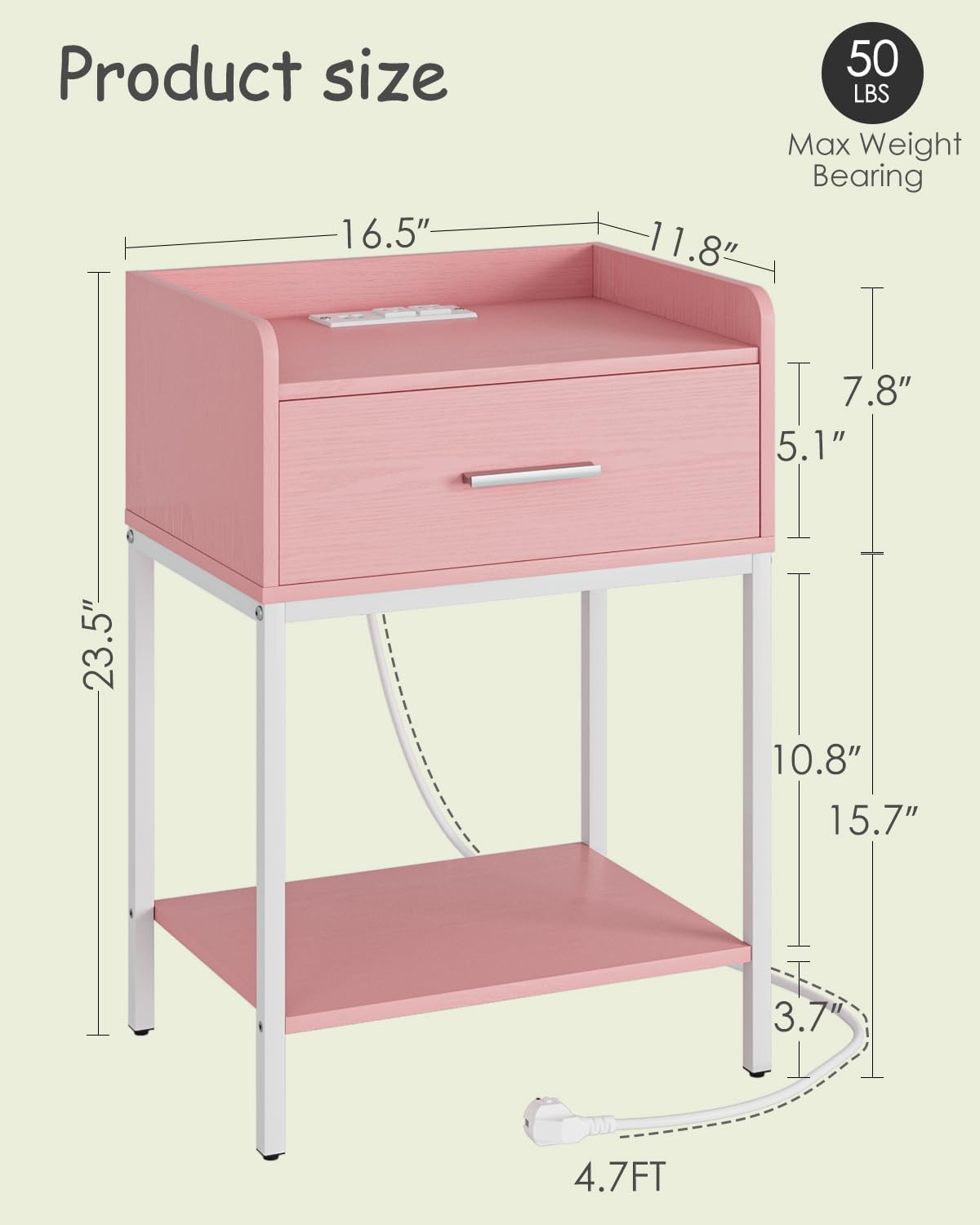 Nightstand with Charging Station,3-Tier Modern Bedside Table Night Stand with Storage Drawer and Open Shelf,Small End Side Table for Bedroom,Living Room,Pink
