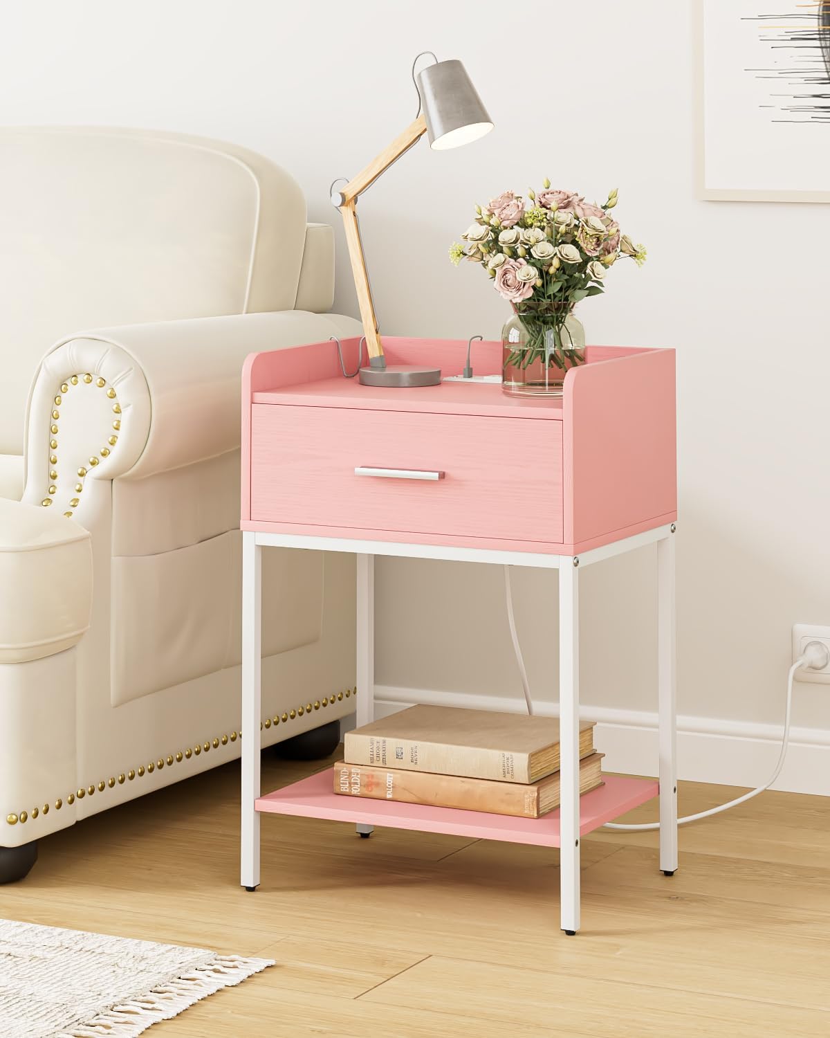 Nightstand with Charging Station,3-Tier Modern Bedside Table Night Stand with Storage Drawer and Open Shelf,Small End Side Table for Bedroom,Living Room,Pink