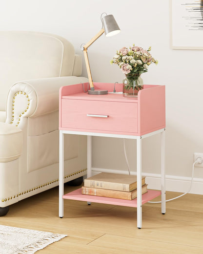 Nightstand with Charging Station,3-Tier Modern Bedside Table Night Stand with Storage Drawer and Open Shelf,Small End Side Table for Bedroom,Living Room,Pink