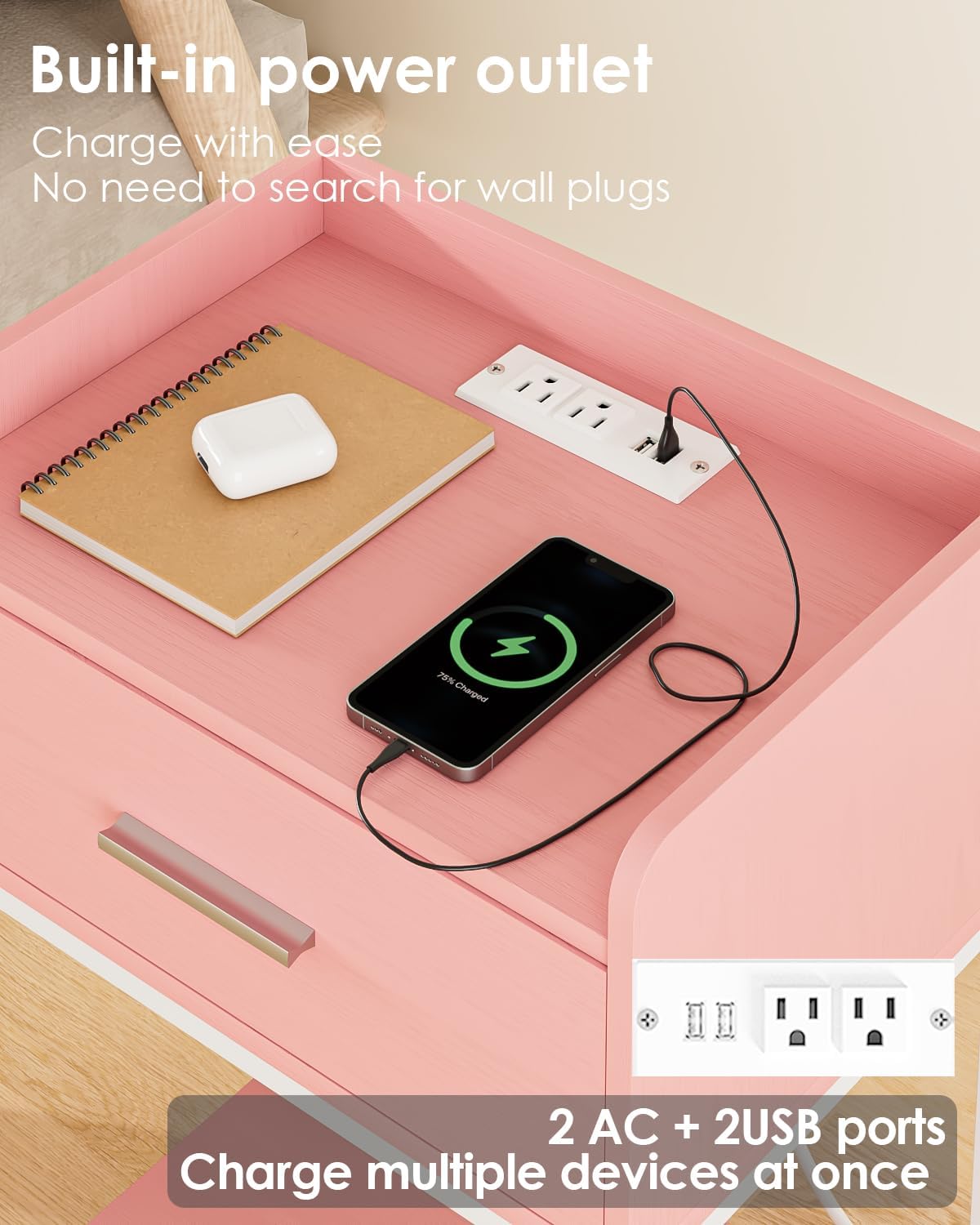 Nightstand with Charging Station,3-Tier Modern Bedside Table Night Stand with Storage Drawer and Open Shelf,Small End Side Table for Bedroom,Living Room,Pink