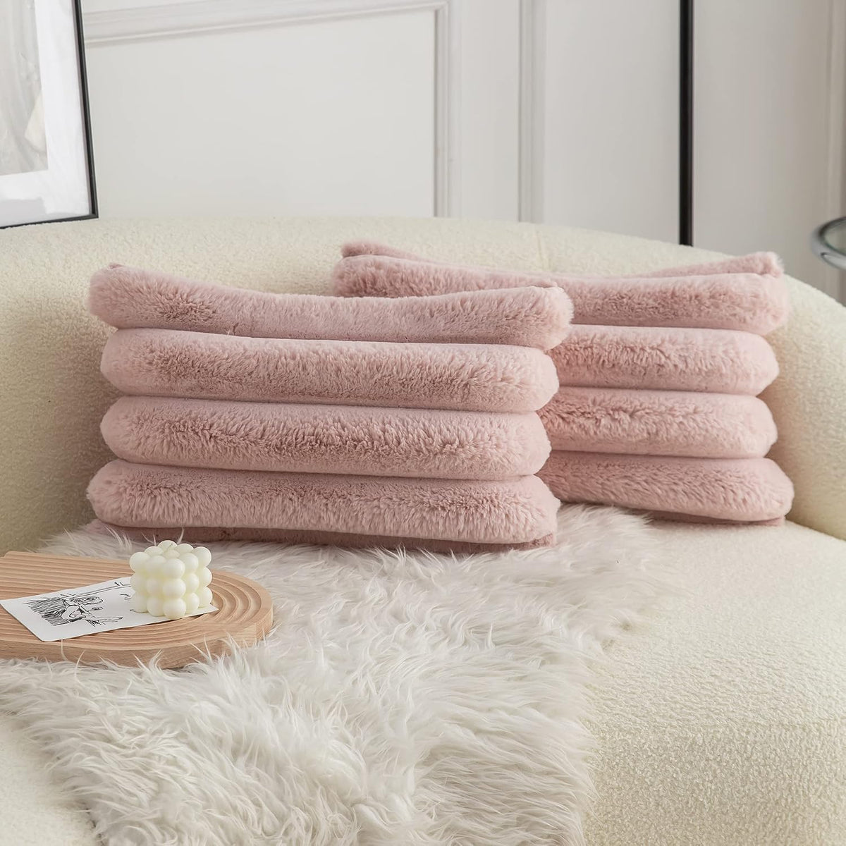 Pink Faux Fur Cozy Soft Striped Decorative Throw Pillow Covers 12x20 inch Set of 2,Velvet Pillowcase Cushion Case for Sofa Couch