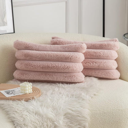 Pink Faux Fur Cozy Soft Striped Decorative Throw Pillow Covers 12x20 inch Set of 2,Velvet Pillowcase Cushion Case for Sofa Couch