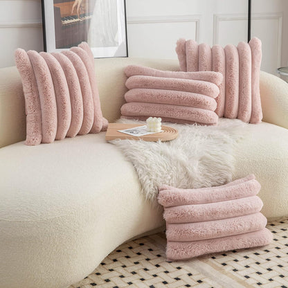Pink Faux Fur Cozy Soft Striped Decorative Throw Pillow Covers 12x20 inch Set of 2,Velvet Pillowcase Cushion Case for Sofa Couch