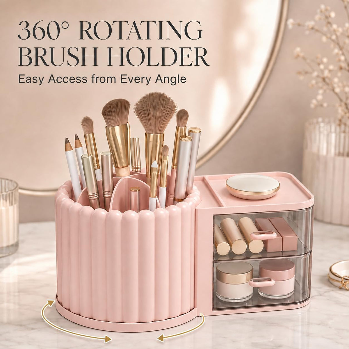 360 Rotating Makeup Organizer Countertop with 2 Drawers