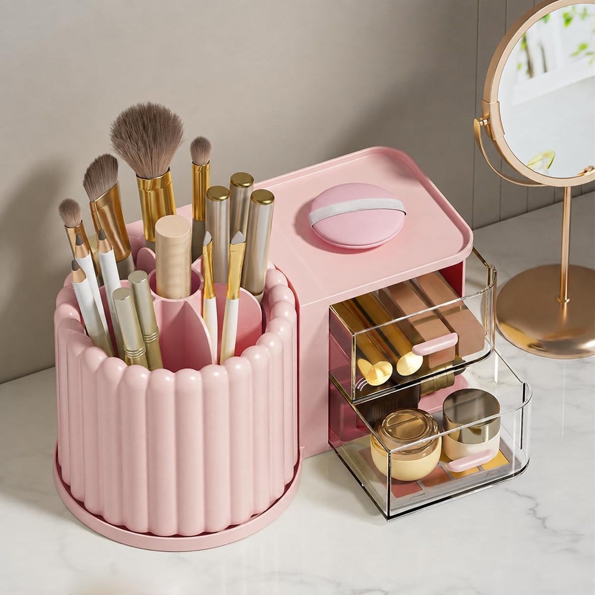 360 Rotating Makeup Organizer Countertop with 2 Drawers