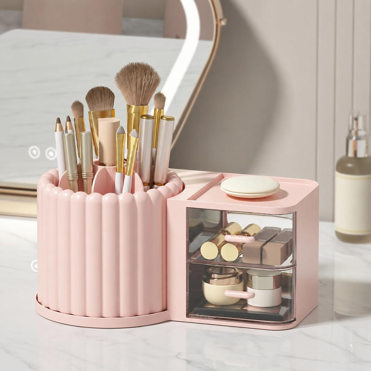 360 Rotating Makeup Organizer Countertop with 2 Drawers