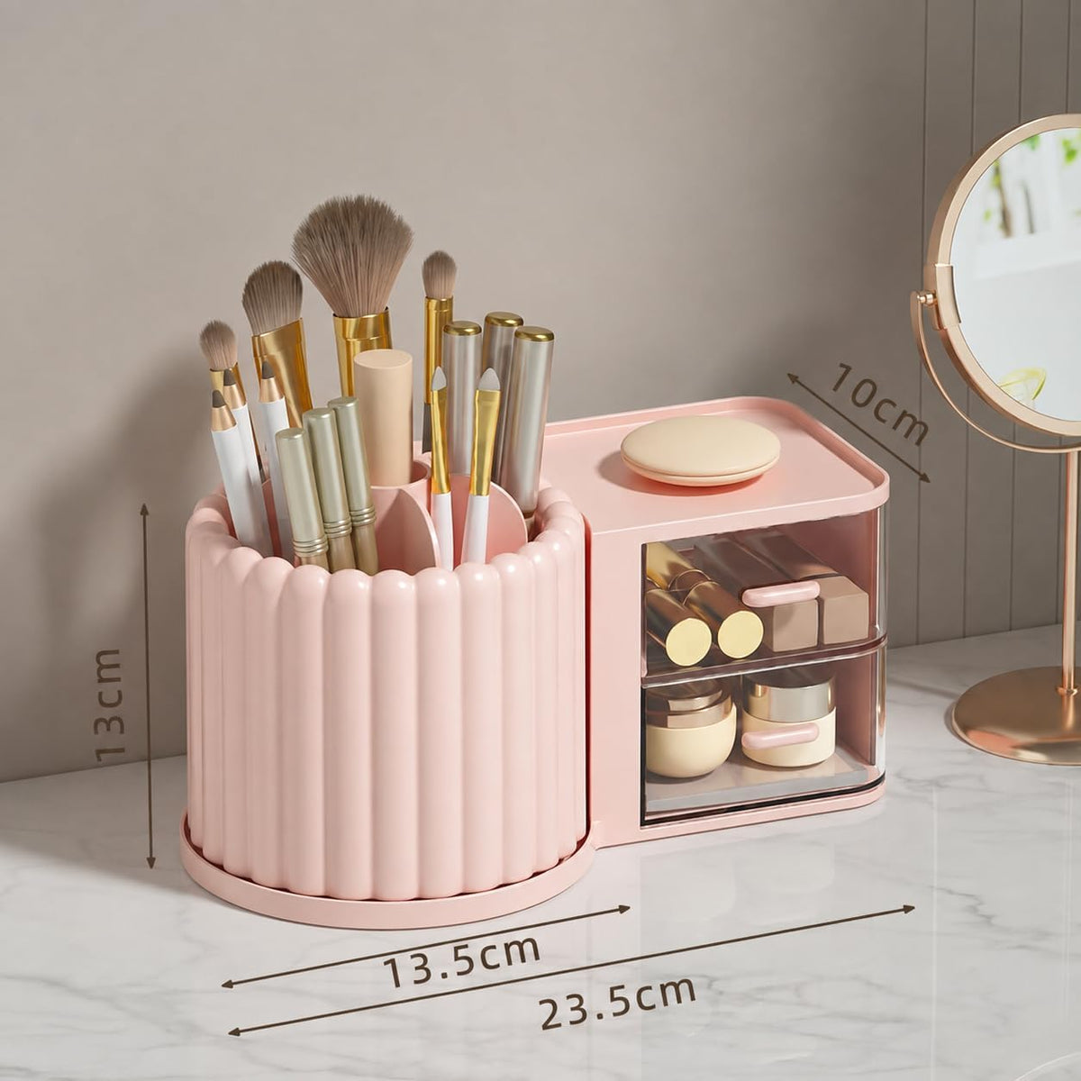 360 Rotating Makeup Organizer Countertop with 2 Drawers