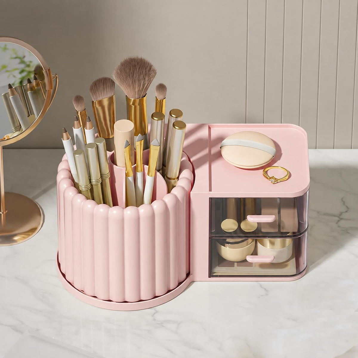 360 Rotating Makeup Organizer Countertop with 2 Drawers