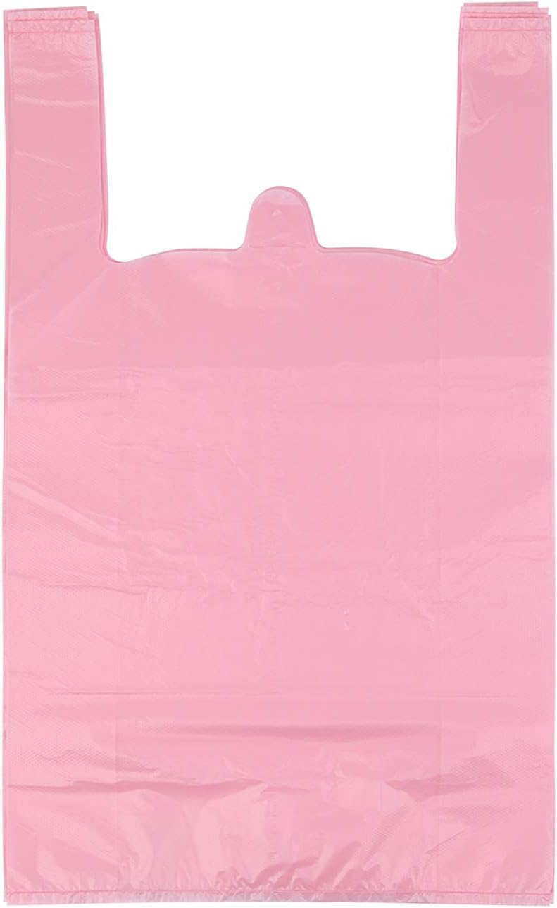 Pink Plastic Bags with Handles, T Shirt Bags 12x20 Inch, 50 Count