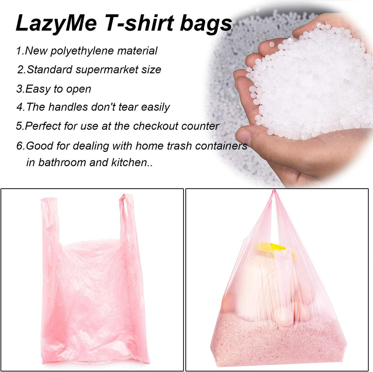 Pink Plastic Bags with Handles, T Shirt Bags 12x20 Inch, 50 Count