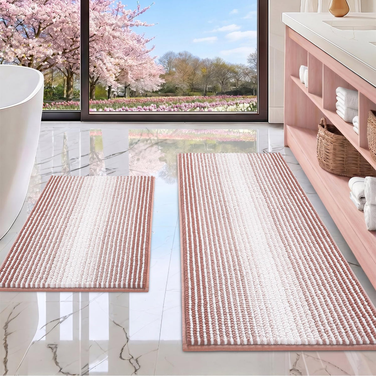 Bathroom Rugs Sets 2 Piece, Non Slip Striped Bath Mats, Mist Pink