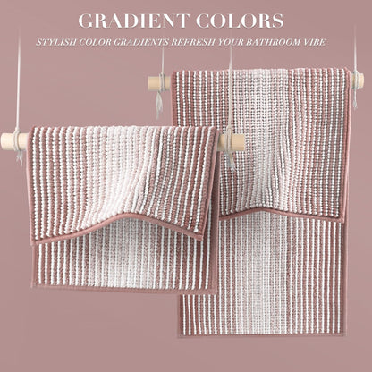 Bathroom Rugs Sets 2 Piece, Non Slip Striped Bath Mats, Mist Pink