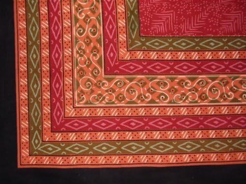 Block Print Tablecloth Rectangle 60x90 Red Peach Olive Green Cotton Geometric Calico Design Kitchen Table Linen