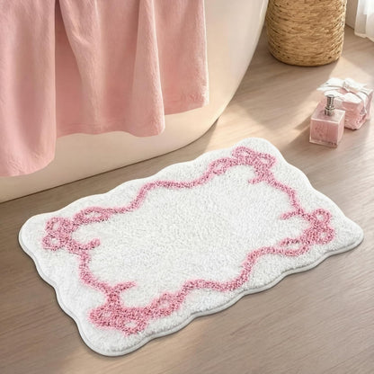 Bow Bathmat Rug with Scalloped Wavy Ripple Design, Microfiber Absorbent Non Slip Tufted Rug Aesthetic Coquette Room Decor for Floor Shower Kitchen 15.8 x 23.6 Inch(Pink)
