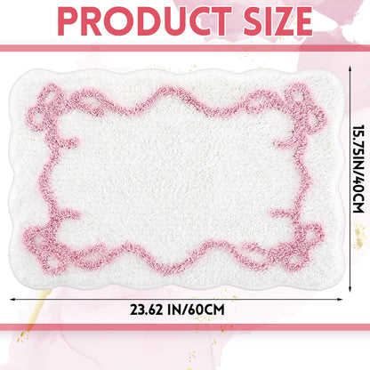 Bow Bathmat Rug with Scalloped Wavy Ripple Design, Microfiber Absorbent Non Slip Tufted Rug Aesthetic Coquette Room Decor for Floor Shower Kitchen 15.8 x 23.6 Inch(Pink)