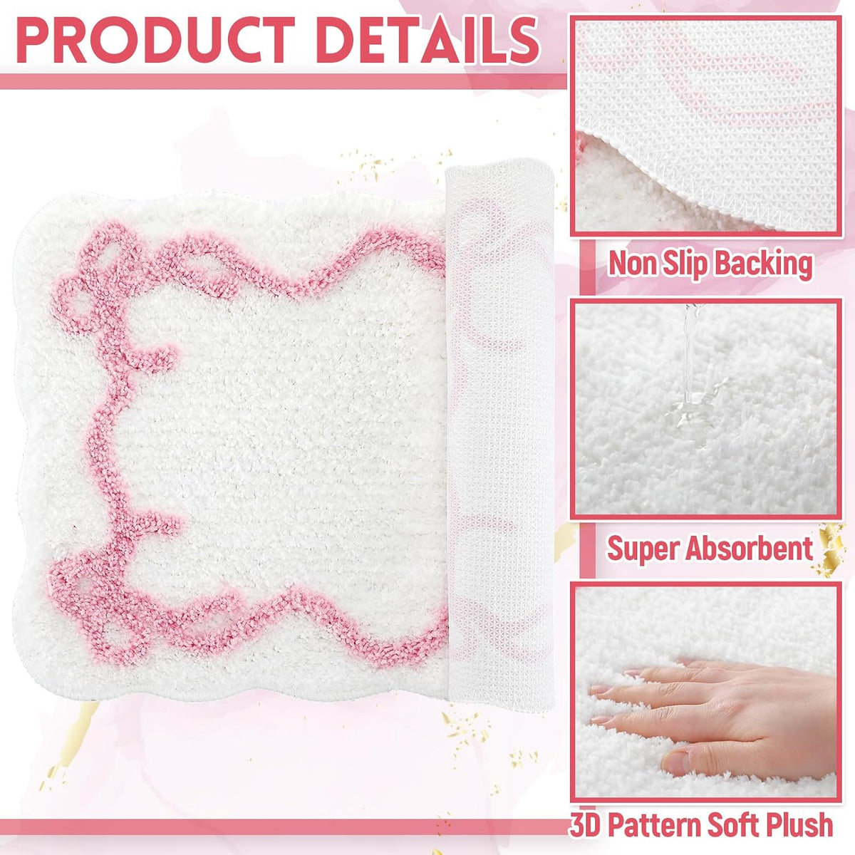 Bow Bathmat Rug with Scalloped Wavy Ripple Design, Microfiber Absorbent Non Slip Tufted Rug Aesthetic Coquette Room Decor for Floor Shower Kitchen 15.8 x 23.6 Inch(Pink)