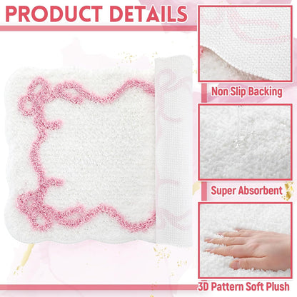 Bow Bathmat Rug with Scalloped Wavy Ripple Design, Microfiber Absorbent Non Slip Tufted Rug Aesthetic Coquette Room Decor for Floor Shower Kitchen 15.8 x 23.6 Inch(Pink)