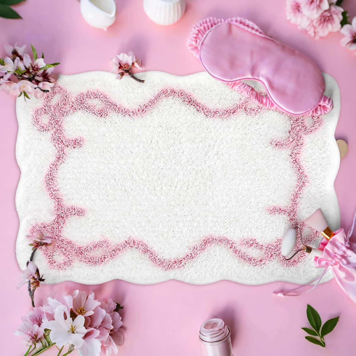 Bow Bathmat Rug with Scalloped Wavy Ripple Design, Microfiber Absorbent Non Slip Tufted Rug Aesthetic Coquette Room Decor for Floor Shower Kitchen 15.8 x 23.6 Inch(Pink)