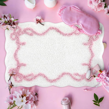 Bow Bathmat Rug with Scalloped Wavy Ripple Design, Microfiber Absorbent Non Slip Tufted Rug Aesthetic Coquette Room Decor for Floor Shower Kitchen 15.8 x 23.6 Inch(Pink)