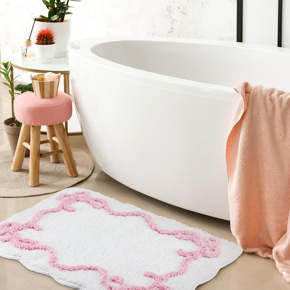 Bow Bathmat Rug with Scalloped Wavy Ripple Design, Microfiber Absorbent Non Slip Tufted Rug Aesthetic Coquette Room Decor for Floor Shower Kitchen 15.8 x 23.6 Inch(Pink)