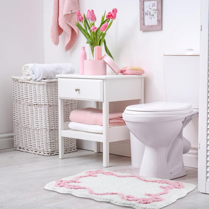 Bow Bathmat Rug with Scalloped Wavy Ripple Design, Microfiber Absorbent Non Slip Tufted Rug Aesthetic Coquette Room Decor for Floor Shower Kitchen 15.8 x 23.6 Inch(Pink)