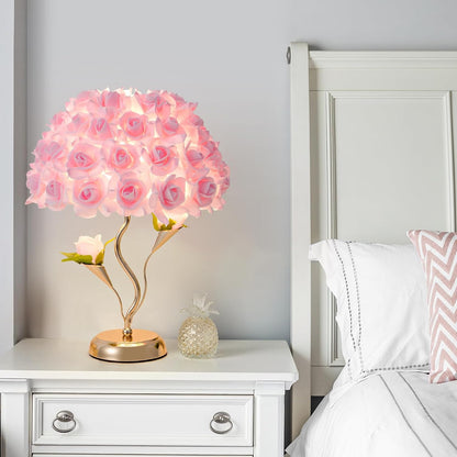 Pink Flowers Lamp Fabric Rose Table Lamp Cute Flower Desk Lamp Creative Bedroom Nightstand Light for Wedding Deco Valentines Dating Party Living Room Hotel Office Study Room