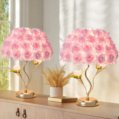 Pink Flowers Lamp Fabric Rose Table Lamp Cute Flower Desk Lamp Creative Bedroom Nightstand Light for Wedding Deco Valentines Dating Party Living Room Hotel Office Study Room