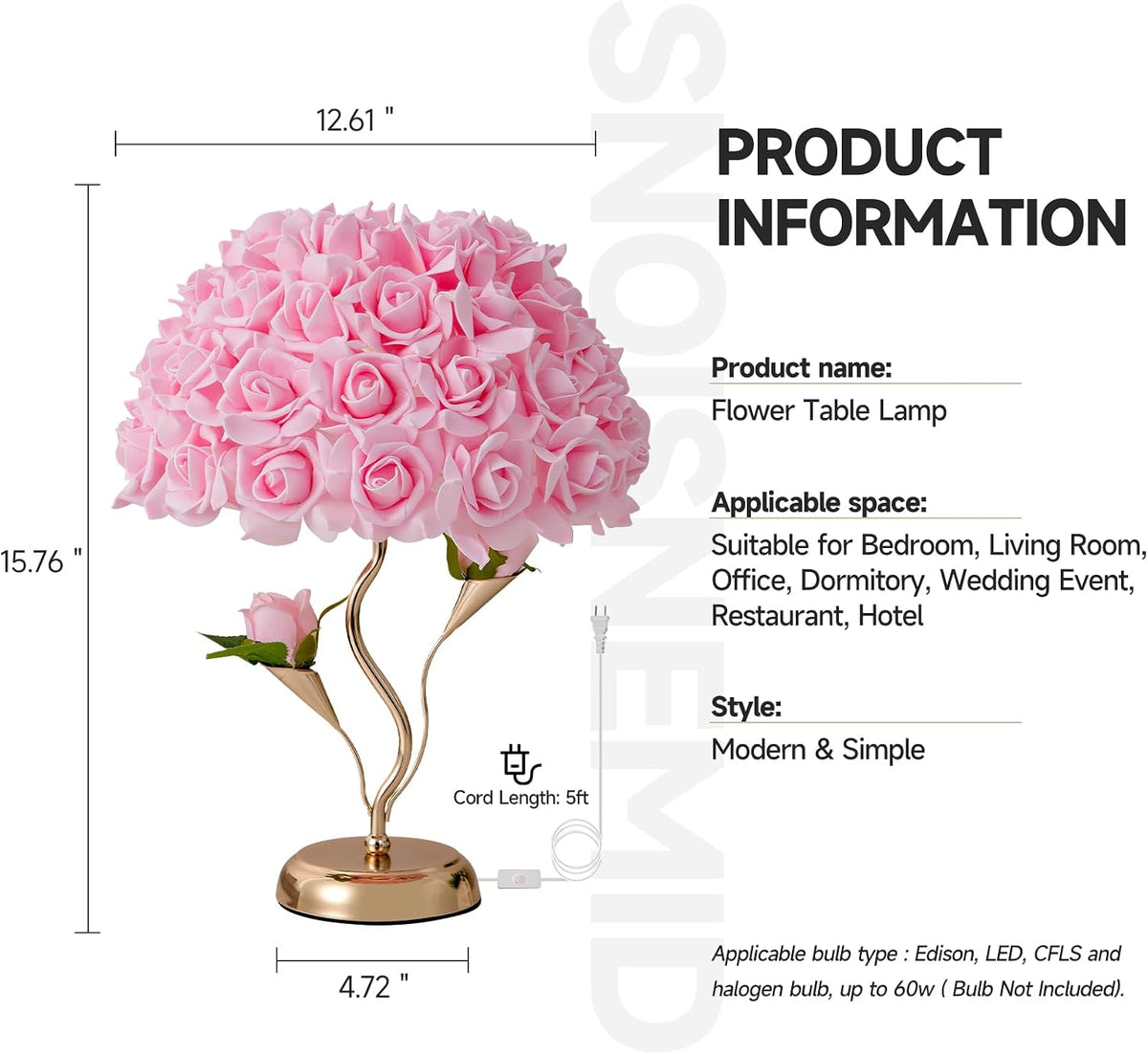 Pink Flowers Lamp Fabric Rose Table Lamp Cute Flower Desk Lamp Creative Bedroom Nightstand Light for Wedding Deco Valentines Dating Party Living Room Hotel Office Study Room