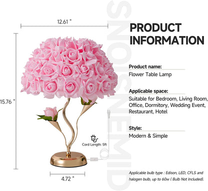 Pink Flowers Lamp Fabric Rose Table Lamp Cute Flower Desk Lamp Creative Bedroom Nightstand Light for Wedding Deco Valentines Dating Party Living Room Hotel Office Study Room