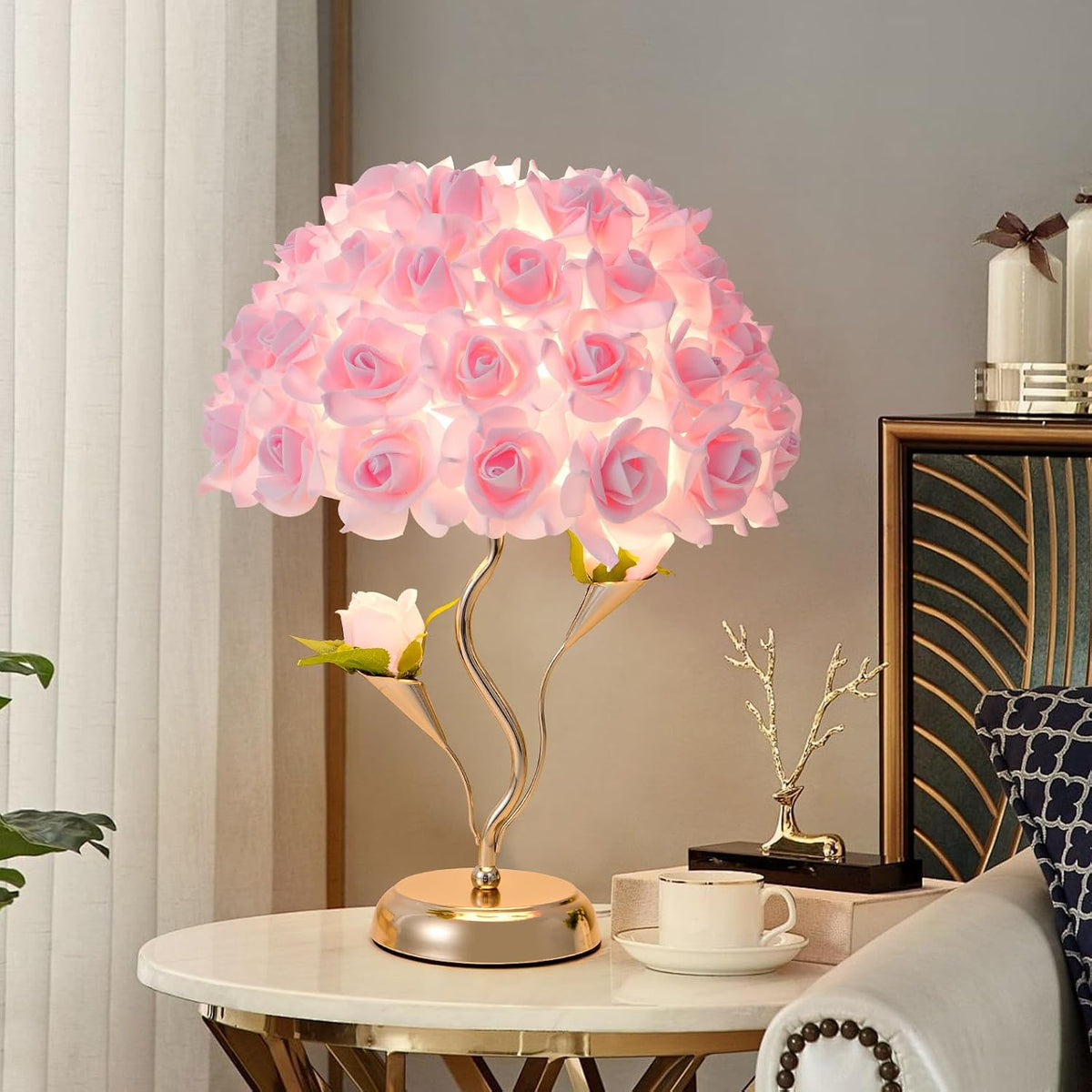 Pink Flowers Lamp Fabric Rose Table Lamp Cute Flower Desk Lamp Creative Bedroom Nightstand Light for Wedding Deco Valentines Dating Party Living Room Hotel Office Study Room