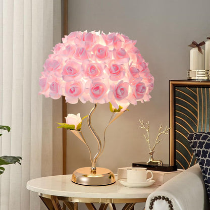 Pink Flowers Lamp Fabric Rose Table Lamp Cute Flower Desk Lamp Creative Bedroom Nightstand Light for Wedding Deco Valentines Dating Party Living Room Hotel Office Study Room