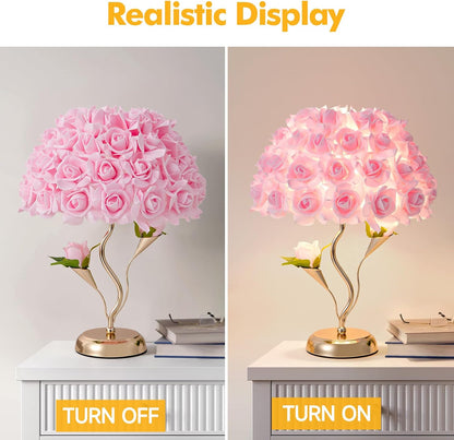 Pink Flowers Lamp Fabric Rose Table Lamp Cute Flower Desk Lamp Creative Bedroom Nightstand Light for Wedding Deco Valentines Dating Party Living Room Hotel Office Study Room