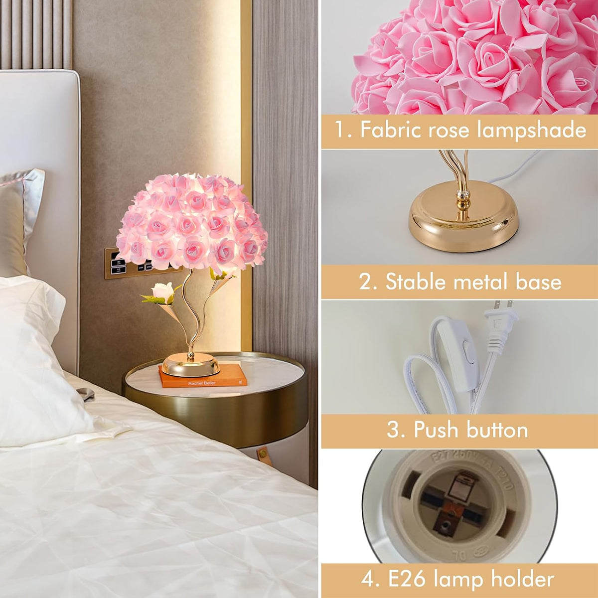 Pink Flowers Lamp Fabric Rose Table Lamp Cute Flower Desk Lamp Creative Bedroom Nightstand Light for Wedding Deco Valentines Dating Party Living Room Hotel Office Study Room