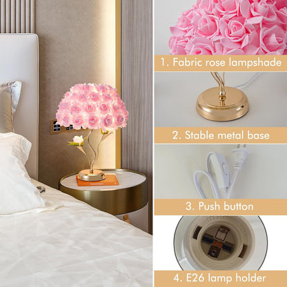 Pink Flowers Lamp Fabric Rose Table Lamp Cute Flower Desk Lamp Creative Bedroom Nightstand Light for Wedding Deco Valentines Dating Party Living Room Hotel Office Study Room