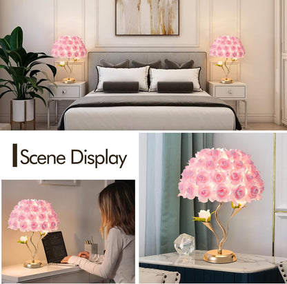 Pink Flowers Lamp Fabric Rose Table Lamp Cute Flower Desk Lamp Creative Bedroom Nightstand Light for Wedding Deco Valentines Dating Party Living Room Hotel Office Study Room
