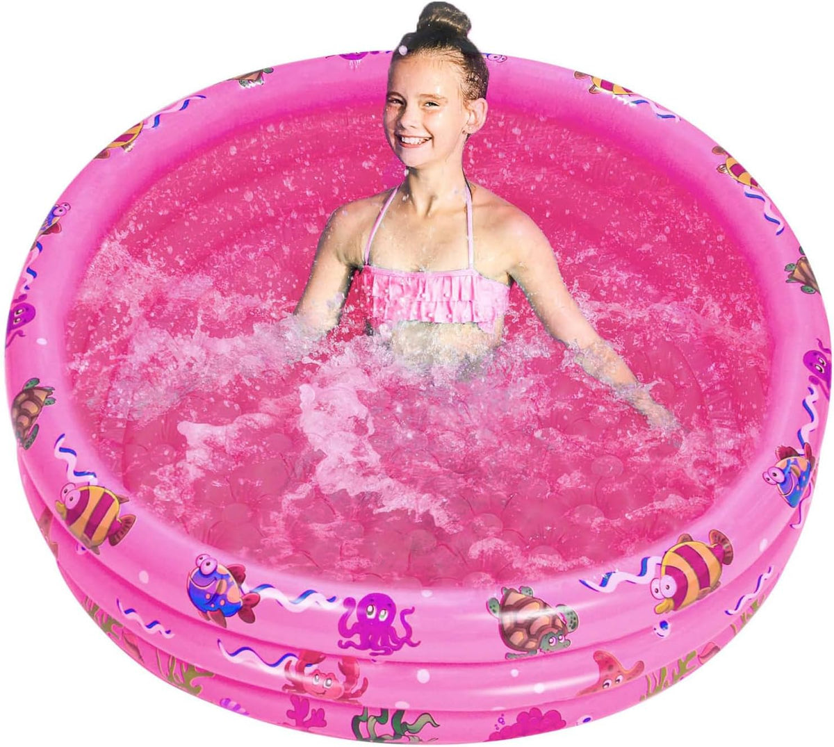 Inflatable Baby Kiddie Pools, 3 Rings Round Swimming Pool, Toddler Fun Water Swim Beach Floaties Toys, Kids Fishing Pond Ball Pit Pool, Small Infant Pool (Pink, 35 inch)
